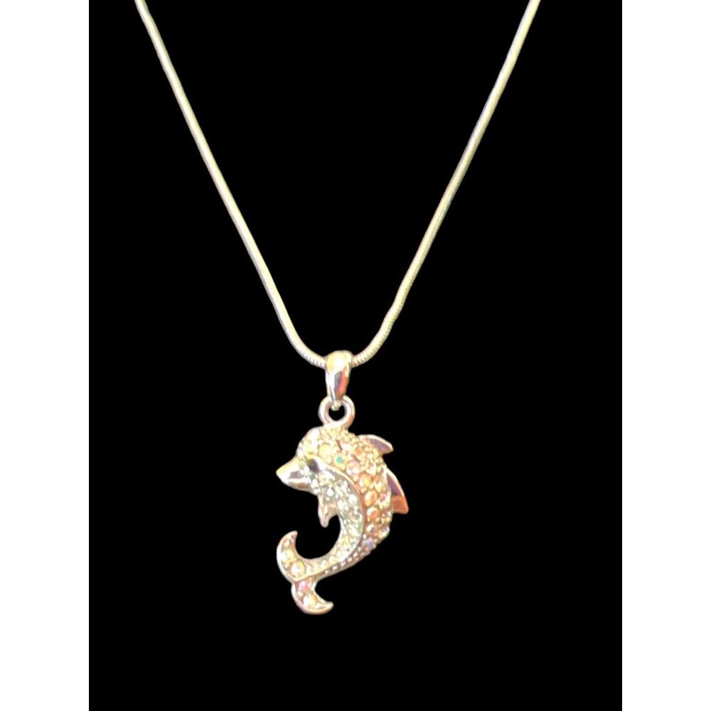 Silver Snake Chain Necklace with Rhinestone Studded DOLPHIN Pendant